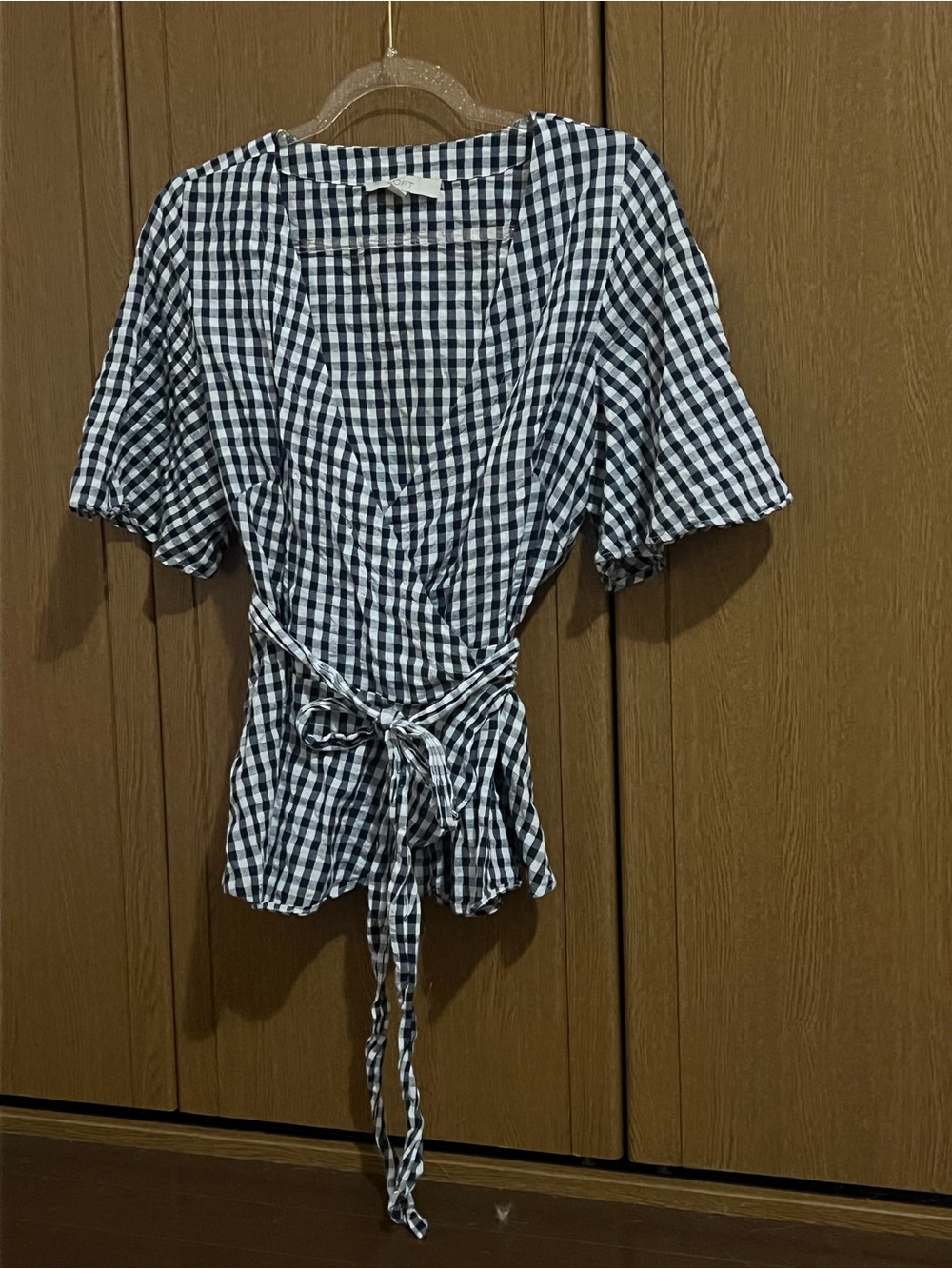 LOFT Navy and White Gingham Wrap Tie Blouse Size M